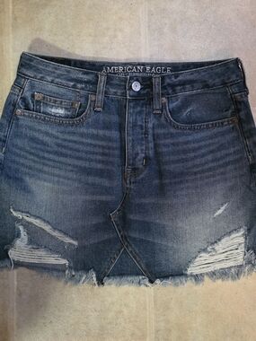 American Eagle Distressed Ripped Denim Mini Skirt - Dark Blue